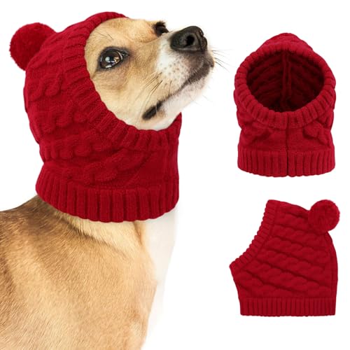 CITÉTOILE Weihnachtsmütze für Hunde – Klassische Strickmütze mit Zopfmuster und Bommel, Warme Santa Hundemütze für Kleine Hunde und Katzen, Rot, M