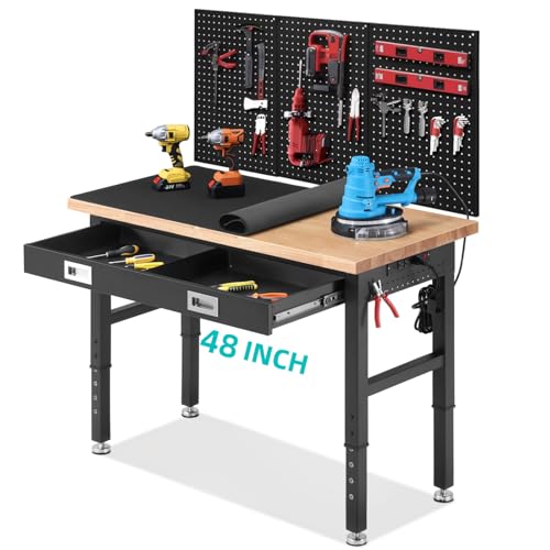 Adjustable Garage Workbench with Storage and Power Outlets