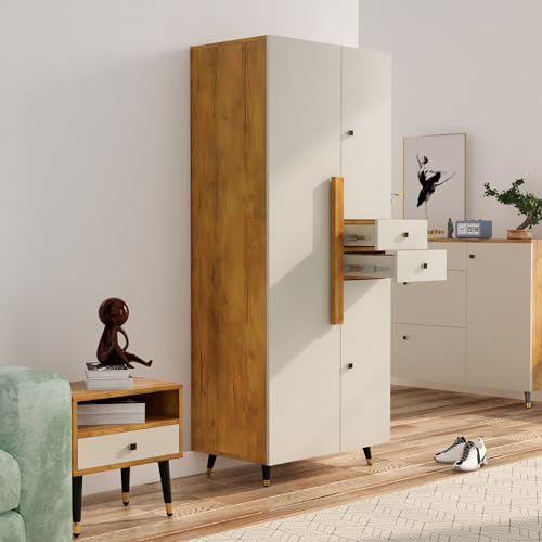 Image of Bniture 3 Door Wooden Wardrobe for Bedroom | Almirah for Clothes with 3 Shelves & 2 Hanging Space | Full Height Storage Cupboard for Bedroom | Spacious Storage Cupboard | Giant Wood & Frosty White