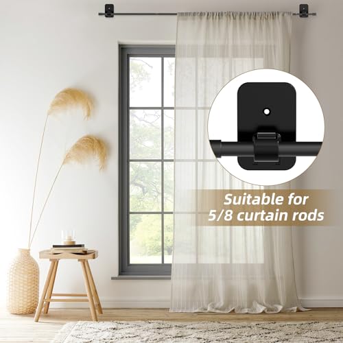 GXOACKJ No Drill Curtain Rod Brackets, 2 Pcs Renter Friendly 3M Self Adhesive Curtain Rod Holders(Hooks) No Drilling for 5/8 Poles, Nail Free, Black