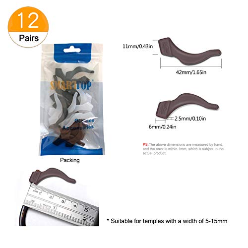 SMARTTOP Silicone Anti-slip Holder, Ear Hook, Eyeglass Temple Tips Sleeve Retainer for Glasses, Sunglasses, 12 pairs (Black+White+Brown)