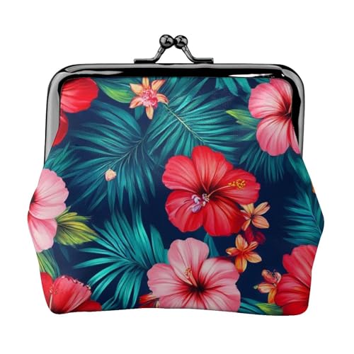 Coin Purse For Women Leather Coin Purses With Kiss Lock Change And Coin Wallet Double Clasp Closure Mini Purse For Cash, Key (Hawaiian Colorful Hibiscus Flowers Tropical Palm Tree Leaves (1))