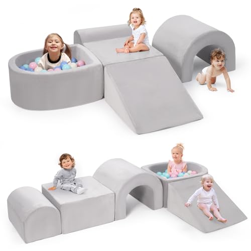 Rinnebbit Foam Climbing Blocks for Toddlers, 5-Piece Tunnel Climber and Crawl Playset, Indoor Activity Play with Ball Pit, Machine Washable Velvet Cover, Soft Climbing Toy for Kids 1-3 (Gray)