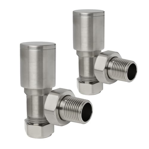 Image of Brushed Nickel Angled Radiator Valves Round Modern Radiator Valves Pair of 15mm x 1/2" Set of 2 for Heated Towel Rails & Central Heating Radiators Brushed Nickel Radiator Valve Set