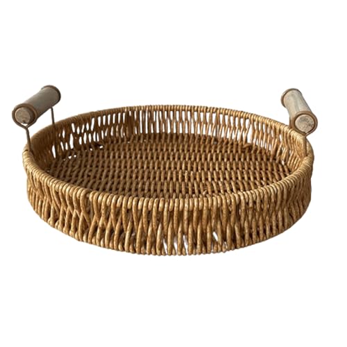 Storage Basket - Plateau en rotin avec poignées | Round Handwoven, Fruit Snack Picnic Bread Serving Basket | Japanese Style Dinner Tray, Breakfast Food Plate, Decorative Home Organizer (Small, Medium