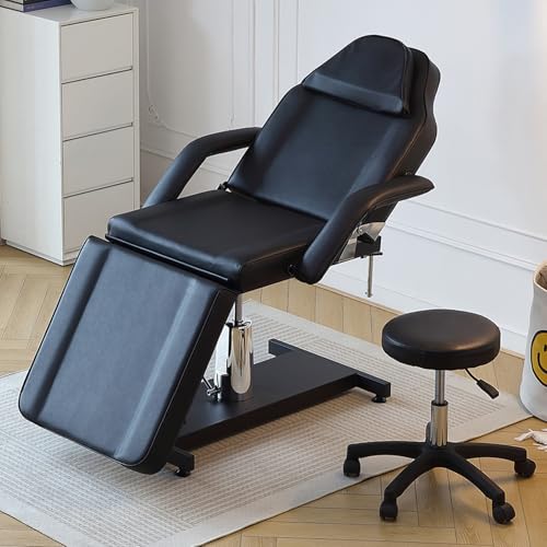 LSBIKE Hydraulic Beauty Bed with Stool - 360 Swivel Adjustable Massage Reclining Salon Lash Bed with Removable Armrests & Headrest - Massage Table Set for Spa Salon Tattoo Facial (Black)