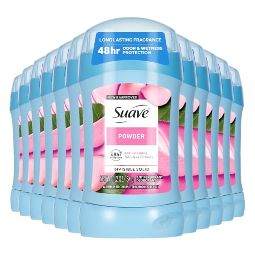 Suave Antiperspirant Deodorant For Women, Invisible, Underarm Deodorant, 48hr Odor & Wetness Protection, Long Lasting Powder, Sensitive Skin Deodorant Solid Stick, 1.2 oz (12 Bulk Pack)