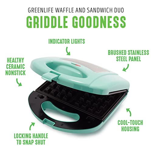 Greenlife Electric Waffle Sandwich Maker, Toaster, Panini Press With Healthy Ceramic Nonstick Plates, Perfect For Tuna Melts, Crispy Rice, Grilled Cheese, Led Indicator Light, Pfas-Free, Turquoise #TOP2
