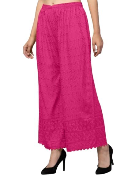Image of Women's Palazzo Pants Rayon Trousers Chikankari Embroidered Lace Trim Wide Leg Straight Fit Flared Palazzo for Girls & Women