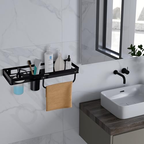 Image of Plantex 4in1 Bathroom Shelf for Wall /Stainless Steel Multifunctional Rack for Bathroom with Tumbler Holder /Liquid Soap Dispenser /Napkin Holder /Bathroom Accessories Set (Matt Black)