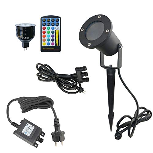 Preisvergleich Produktbild 3er Set Gartenstrahler / Teichleuchte / Außenstrahler / Außenleuchte / Bodenleuchte 12V AC, IP65, 99mm Durchmesser, inkl. Leuchtmittel(7W RGB+W), Erdspieß und 45W Netzteil [Energieeffizienzklasse A+]