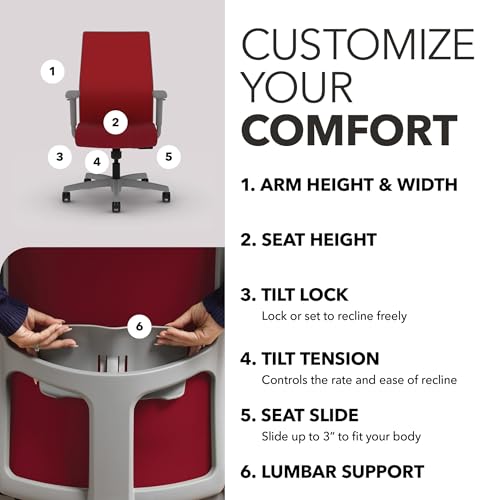 Image of HON Ignition 2.0 Mid‑Back Ergonomic Office Chair, Mesh Task Desk Chair with Lumbar Support, Standard Synchro‑Tilt, Height and Width Adjustable Arms, Titanium Frame, Bullseye