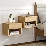 EYYTHUNG Small Rattan Floating Nightstands with Drawer Set of 2, Wall Mounted Night Stand with Open Compartment Modern Wooden Bedside Table Storage Cabinet for Bedroom, Entryway Natural Oak