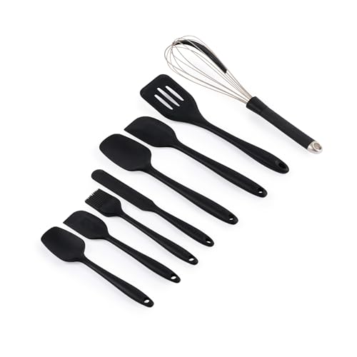 Salter Bakes Silicone Utensil Set – 8 Piece Cooking & Baking Tools, Turner, Spoons, Spatulas, Scraper, Brush, Whisk, Stain-Proof, Hanging Hooks, BPA-Free, Easy Clean, Heat Resistant, Black