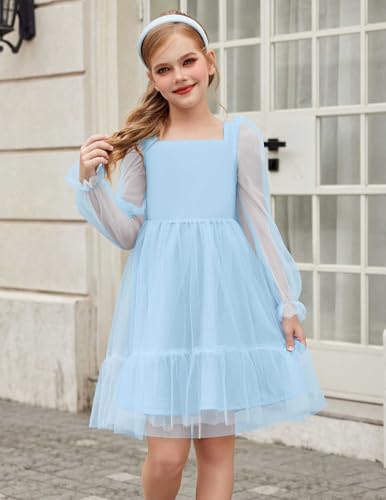 Arshiner Girls Tie Back Dress Puff Long Sleeve Formal Square Neck Party Tulle Dresses2