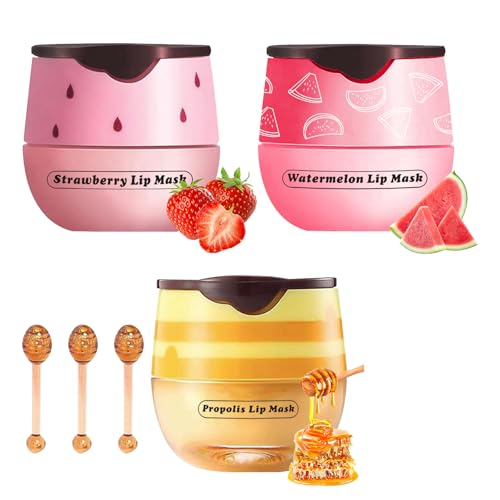 3Pcs Bee Lip Balm Honey Pot with Stick, Lip Mask Day And Night Repair and Care, Moisturizing Lip Sleeping Cream, Silky Hydrate Repair Prevent Dry Cracked Lip Exfoliator(Honey+Strawberry+Watermelon)