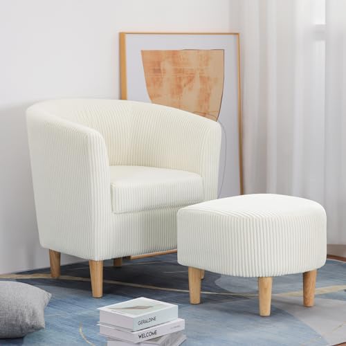 DAZONE Accent Chair, Barrel Chair with Ottoman Comfy Armchair Corduroy Living Room Chairs Mid Century Modern Chair Upholstered Club Tub Sofa Chair for Bedroom Reading Room Ivory - Thumbnail 5