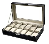 Sodynee 12 Mens Large Watch Box Black Pu Leather Display Glass Top Jewelry Case Organizer Box