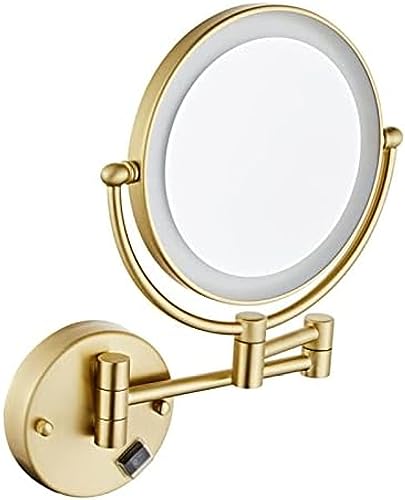 Espejo De Maquillaje con Luz, Espejo De Baño Dorado Cepillado, Espejo De Aumento Giratorio De 360°, Espejo Extensible Montado En La Pared, Espejo De Tocador HD Redondo De 8 Pulgadas, Recargable Po