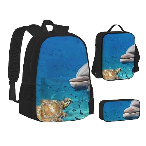 Sac à dos décontracté noir imprimé tortue avec boîte à déjeuner et trousse - 2