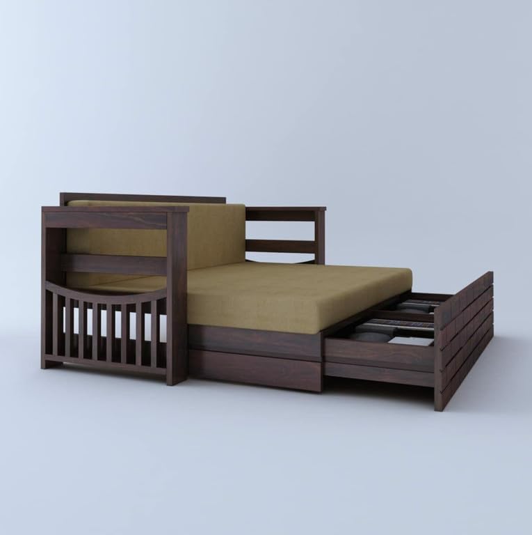 Image of Solid Sheesham Wood Sofa Cum Bed 3 Seater | Wooden Foldable Double Bed for Living Room with Headboard & Storage | Bed Cum Sofa with Mattress for Bedroom Furniture (Walnut Finish)
