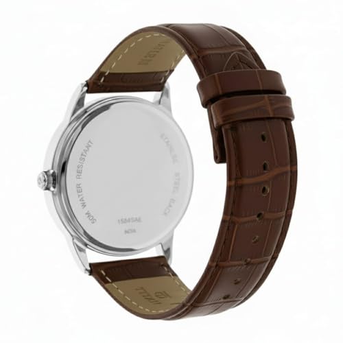 Image of Men's Analog Watch with Brown Leather Strap | Silver Dial | Roman Numerals | Date Display | Formal & Casual Wear