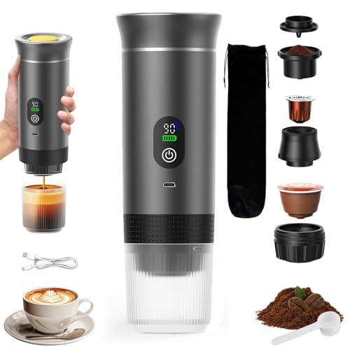 VHV Macchina da caffè portatile 3 in 1, ricaricabile per caffè portatile, da viaggio, 12 V, macchina da caffè espressa per capsule, caffè macinato, per campeggio, ufficio, viaggio, casa, auto (grigio)