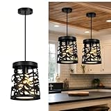 Merexcint Rustic Pendant Lights with Bear and Deer Design, 1-Light Black Round E26 Base Cage Metal Fixture Adjustable Hanging Height for Kitchen Island, Hallway, Dining Room, Foyer, Bedroom