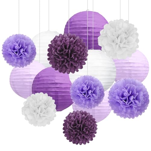 Image of 18 PCS Purple White Paper Lanterns & Tissue Paper Pom Poms for Women Birthday, Baby Shower, Wedding, Bridal Shower, Hanging Paper Decor for Graduation Theme Party Supplies