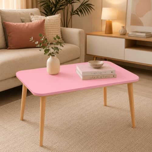 Image of Wooden Foldable Coffee Table - Rectangular Center Tea Table for Living Room & Bedroom, Easy Assembly with Solid Wooden Legs (Pink)