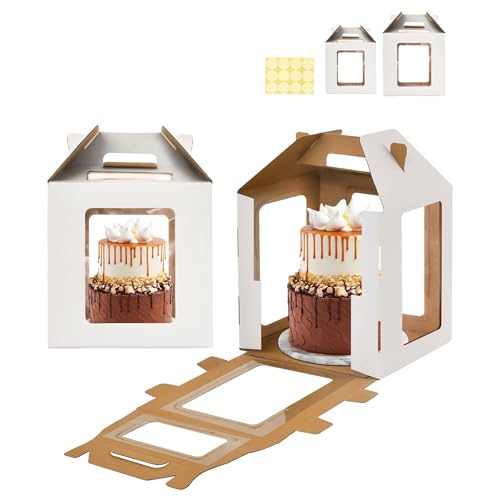 WINHPH Tall Cake Boxes with 6 Viewing Windows and Handle - Available in 10x10x10 & 12x12x12 Inches for Tiered Cakes