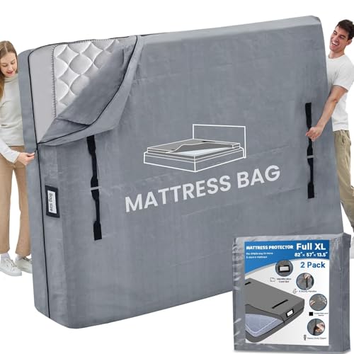 Mattress Bags for Moving and Storage, BETU Waterproof Mattress Protector Full XL Mattress Cover with 8 Heavy Duty Handles and Zipper Extra Thick Moving Supplies for Bed (2 Pack:82x57x13.5 Grey)