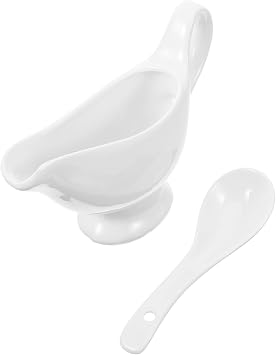 2pcs Cute Gravy Boat Deep Spoon Ceramic Sauce Boat Set Sauce Cup Dispenser for Entertaining