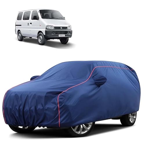 Image of Sulfar 100% Water Resistant Car Body Cover Compatible with Mirror for Maruti Suzuki Eeco (Triple Stitched, Full Bottom Elastic, Blue Tafetta with Red Piping)
