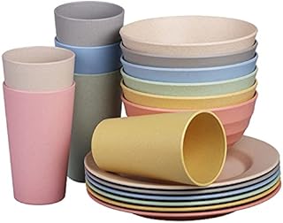 Cainfy Wheat Straw Dinnerware Set for 6, Upgraded Unbreakable Cereal Fruit Soup Rice Bowls Plates Mugs Sets for Outdoor Camping Dishwasher Microwave Safe
