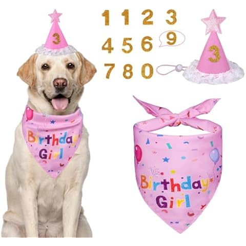 Yicostar Dog Birthday Decorations, Dog Birthday Hat with Numbers, Girl Dog Birthday Bandana Set for Large Medium Small Dogs, Dog Birthday Present, Pet Supplies (Pink) Cover
