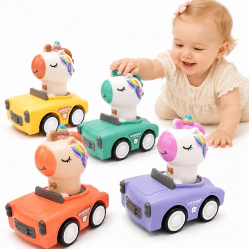 Press and Go Car Toys for Baby Girls, 4 Pack Unicorn Vehicles