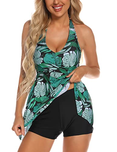 Lidogirl Maillot de bain tankini deux pièces pour femme avec short contrôle du ventre Vert