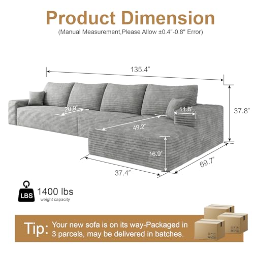Image of 96 inch Sectional Couches for Living Room Cloud Couch Sofa with L-Shape Upholstered Boneless Couchs Modern Modular Sectional Couch with Chaise