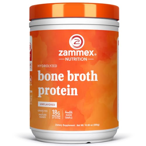Zammex 100% Grass-Fed Beef Bone Broth Protein Powder, 20G Protein, Hydrolyzed Collagen Peptides Type 1&3, Supports Healthy Skin, Nails, Hair, Joints, Non-GMO, Gluten Free, Paleo & Keto Friendly