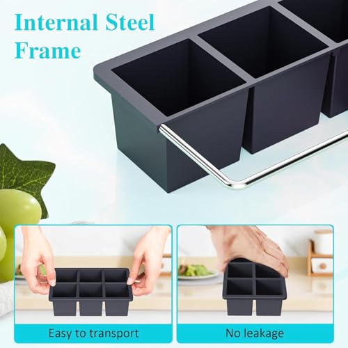 Image of Large Ice Cube Tray for Whiskey: Silicone Ice Cube Trays with Lid - 3Pack Big Square Old Fashioned Ice Cube Maker for Cocktail - 2inch Huge Cubed Ice Trays (Black+Sky+Purple(3pack)(6 Grid))