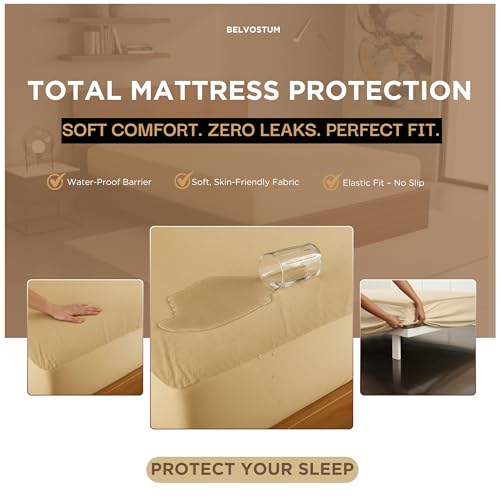 Image of 100% Waterproof Premium Cotton Feel Mattress Protector King Size 78x72 Inches | Breathable and Hypoallergenic Ultra Soft Fitted Bed Protector Cover (Beige)