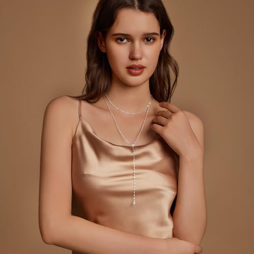 Lariat Silver/Gold Necklace for Women 925 Silver/14K Gold Plated Dainty Long Necklace Y-Shaped Drop Pendant Necklaces Choker Trendy Chain Simple Layered Necklaces CZ Jewelry for Women Set Gift2