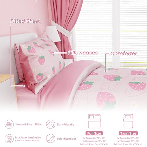 Image of SANDJEST Strawberry Comforter Set Twin Size 68x86in for Kids Girls, Microfiber 3 Pcs Bedding Set Includes 1 Comforter, 1 Pillowcase, 1 Fitted Sheet, Nursery Room Decor