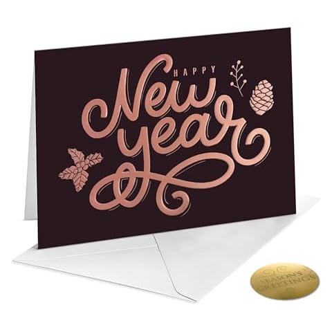 easykart labels 18 Happy New Year Cards with Envelopes | Dark Brown Designs with Rose Gold Foiling & Embossing | 7.25 x 5.5 Inch New Year Wishes Cards with Seal Stickers For Friends , Family and loved Ones Cover