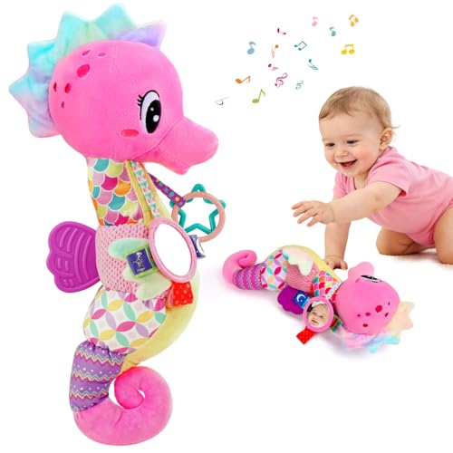 Image of Baby Girl Toys 0-6 Months Musical Seahorse Stuffed Animal Tummy Time Toys Infant 3-6 6-12 Months with Baby Mirror Sensory Newborn Crinkle Developmental Toy Birthday Shower Gifts 0-3 4 5 6 Month