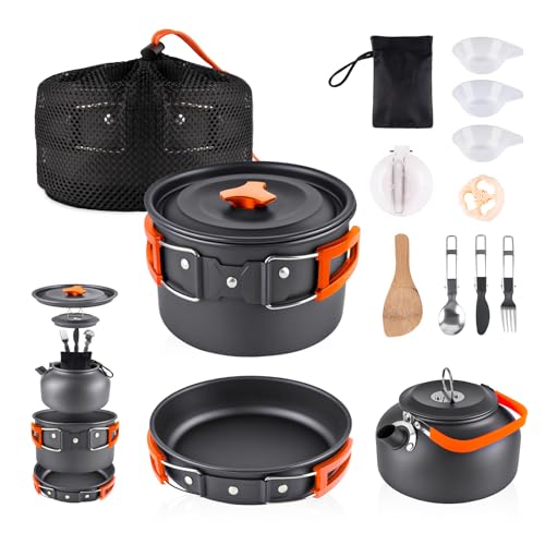 aiGear CC5339OR Zestaw naczyń kempingowych, 12 w 1, na zewnątrz, do gotowania, przenośne, lekkie aluminium, 1 do 2 osób, na zewnątrz, piesze wycieczki, piknik, kolor pomarańczowy
