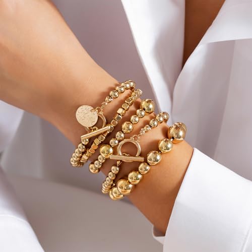 5Pcs Stack Gold Beaded Stretch Bracelets Set for Women Vintage Stackable OT Buckle Bangles Coin Disc Statement Bracelet Trendy Elastic Jewelry Gifts2