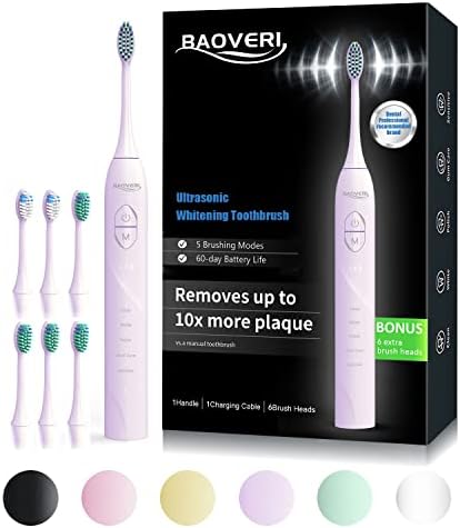 BAOVERI Sonic Electric Toothbrush, Soft Toothbrushes for Adults&Kids with 6 Brush Heads, One Charge Use for 60 Days, 5 Modes with 2 Minutes Build in Smart Timer, Rechargeable Toothbrushes