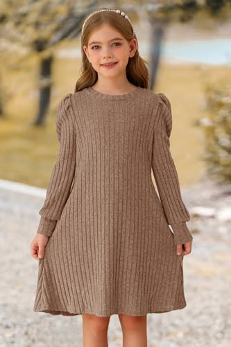 YOVION Girls Fall Knit Dress Crew Neck Puff Long Sleeve Casual Tunic Dresses with Pockets 6-12 Y2